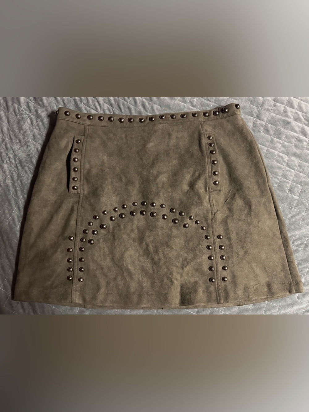 Promesa Olive Suede Mini Skirt with Stud Detailing